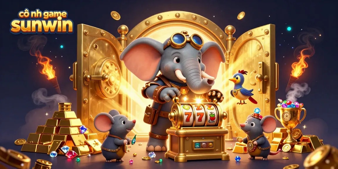 Spin the reels at cổng game sunwin with a steampunk elephant engineer operating a golden slot machine.