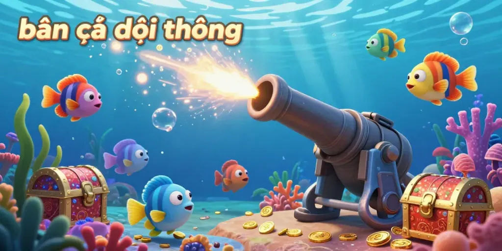 Engaging bắn cá đổi thưởng scene with colorful fish, treasure chests, and dynamic visuals.