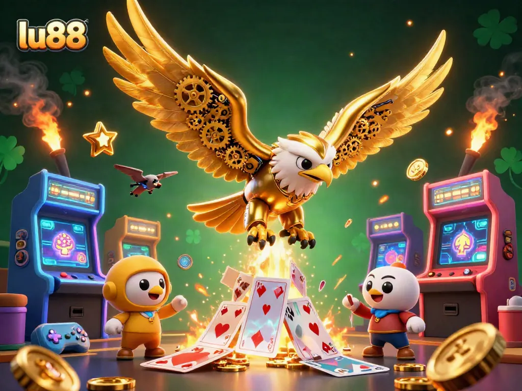 lu88 eagle diving through a cascade of holographic playing cards in a vibrant casino scene.