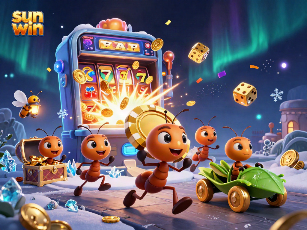 Experience the excitement of sun win as cartoon ants pull off a heist with golden poker chips in a vibrant casino backdrop.