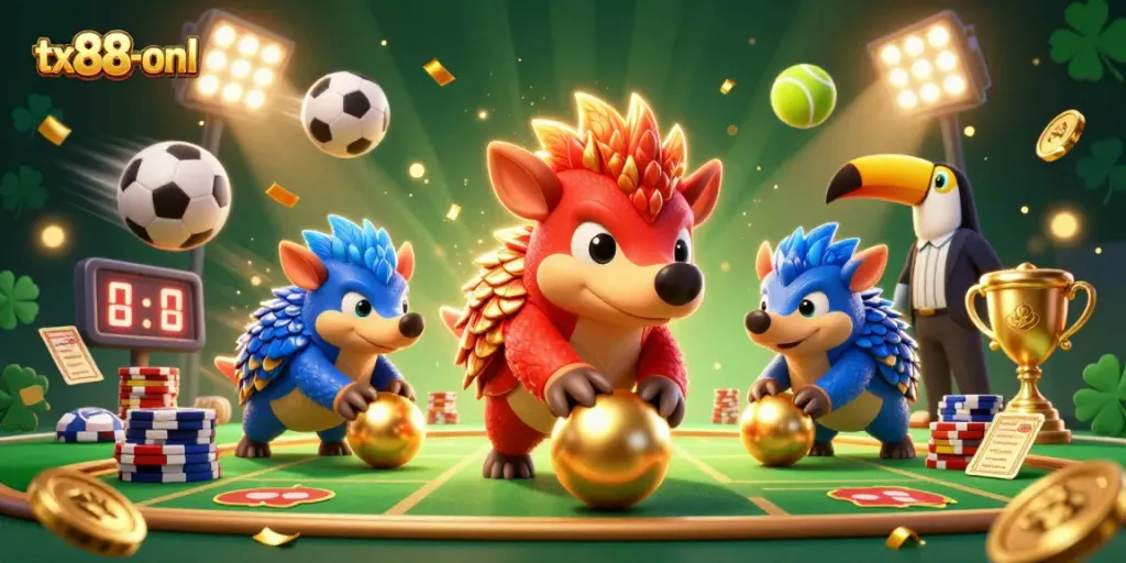 Engage in thrilling gameplay at tx88-onl with dynamic pangolin rivals battling through golden chips in a vibrant casino.