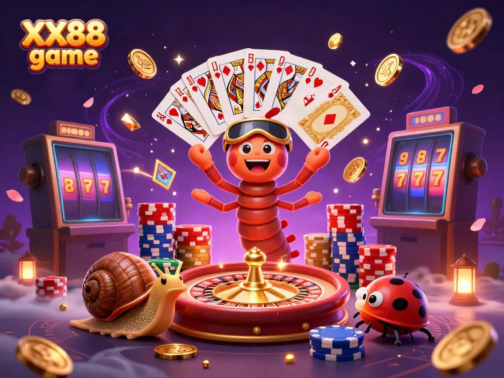 Engage in the excitement of XX88 game with a cartoon millipede dealer and thrilling casino elements.
