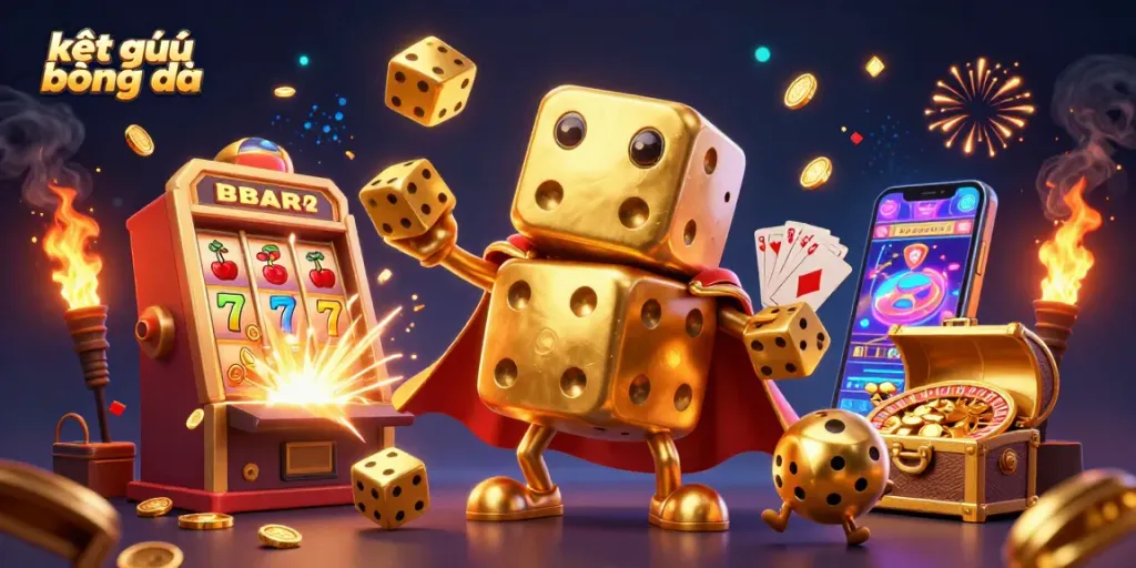 Experience kết quả bóng đá with exciting 3D golden dice golem and jackpot elements in this dynamic casino scene.