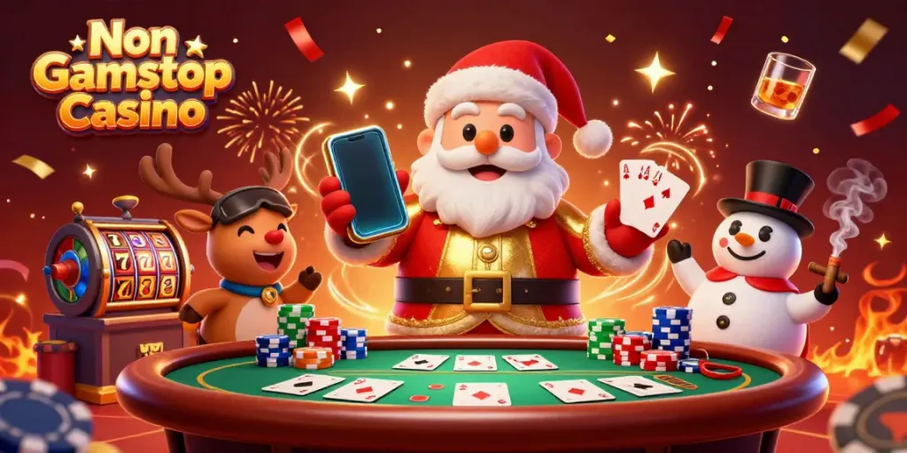 Spin the reels at Non Gamstop Casino, with festive characters and vibrant gaming elements.