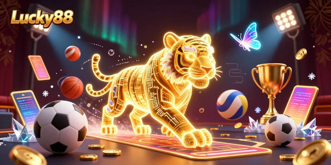 Experience the thrill of Lucky88 with a dynamic scene of a golden tiger and sports elements in a digital casino.