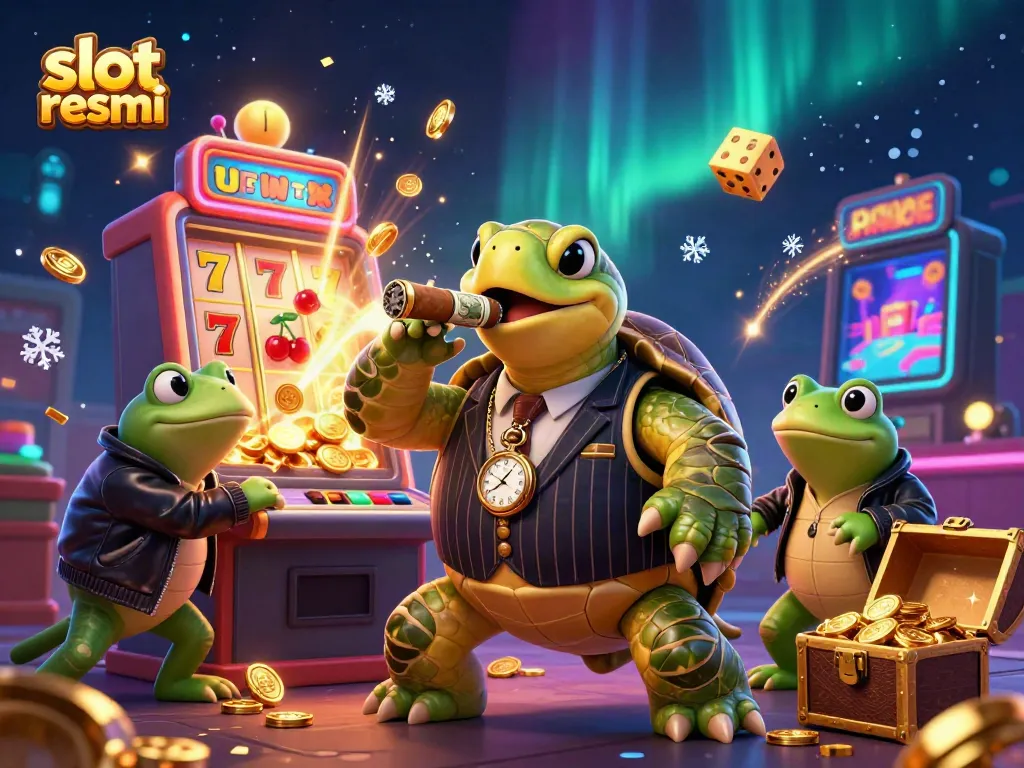 Experience the thrilling energy of slot resmi through a dynamic 3D illustration featuring a snapping turtle in a mobster suit, flanked by bullfrog enforcers and a slot machine bursting with coins.