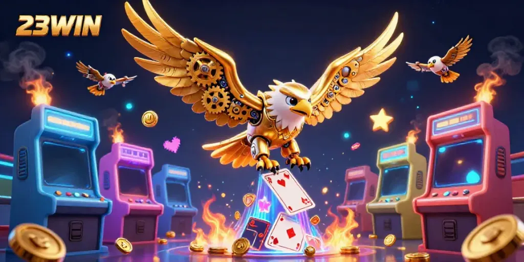 Experience the thrill of 23WIN with a golden eagle diving through holographic cards.