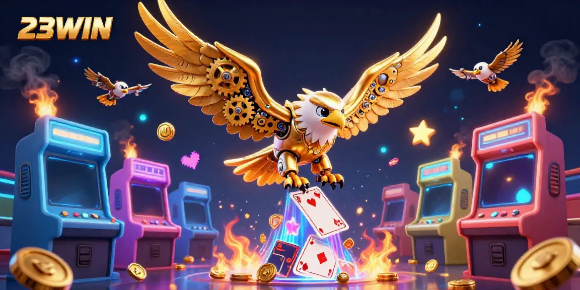 Experience the thrill of 23WIN with a golden eagle diving through holographic cards.