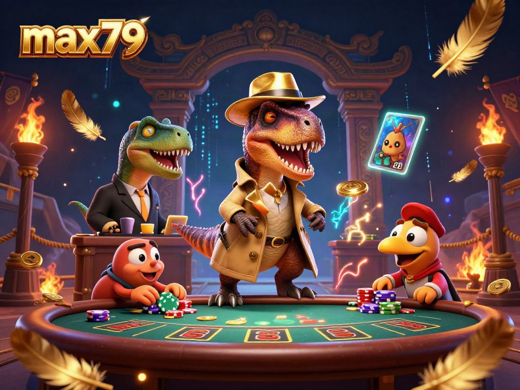 Max79 velociraptor card counter scheming at a blackjack table in a vibrant casino scene.