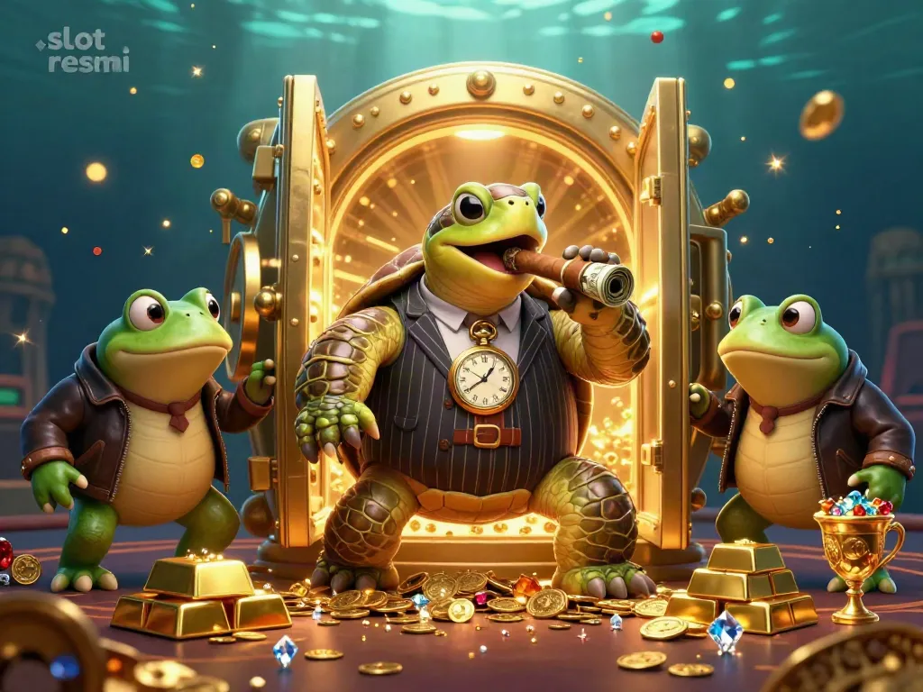 Spin the reels with slot resmi featuring a cartoon snapping turtle mobster and his bullfrog enforcers, surrounded by treasures.