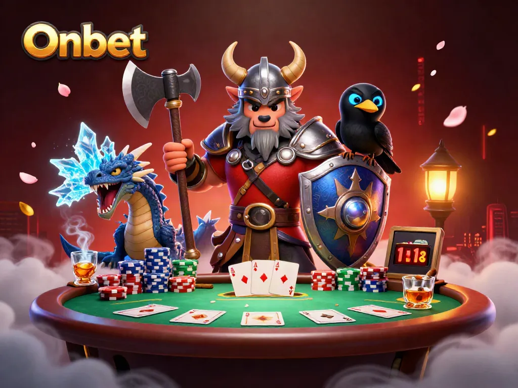 Experience thrilling poker action at Onbet with a heroic Viking wolf, fierce dragon, and illuminated casino elements.