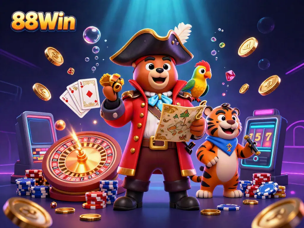 Experience thrilling gaming action at 88Win with a vibrant casino scene featuring pirate characters and exciting game elements.
