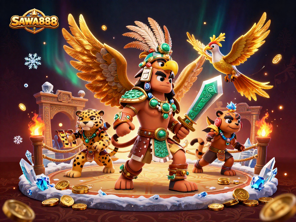 Experience thrilling gameplay at SAWA888, featuring an Aztec warrior with slot reels and immersive casino elements.