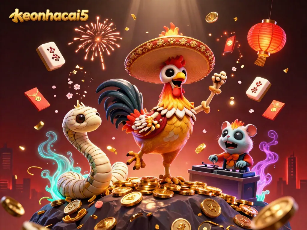 Experience the thrill of keonhacai5 as festive 3D characters celebrate amidst vibrant casino elements.