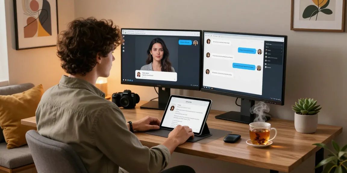 Engaging in ai sex chat with a warm home office atmosphere, showcasing digital avatars and personal connection.