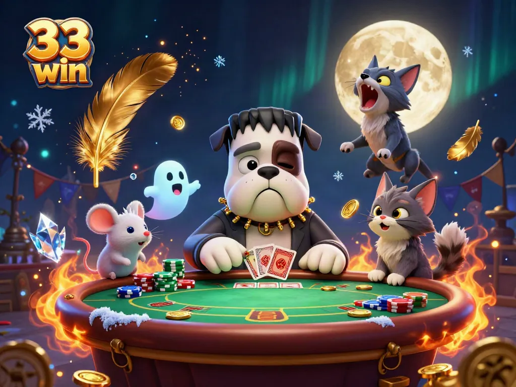 Engaging scene of a 33 win themed poker game with a cartoon bulldog dealer, ghost mouse, and werewolf kitten.