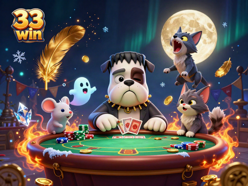 Engaging scene of a 33 win themed poker game with a cartoon bulldog dealer, ghost mouse, and werewolf kitten.