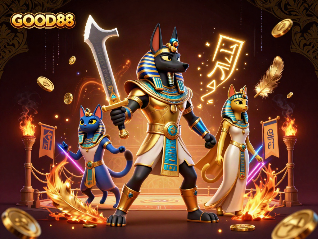 Experience thrilling action with GOOD88’s dynamic gambling scene featuring ancient Egyptian warriors.