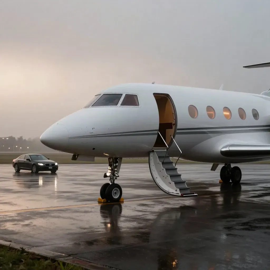 Private jet on a wet apron at blue hour with stairs, tow bar, wheel chocks and a chauffeur car.