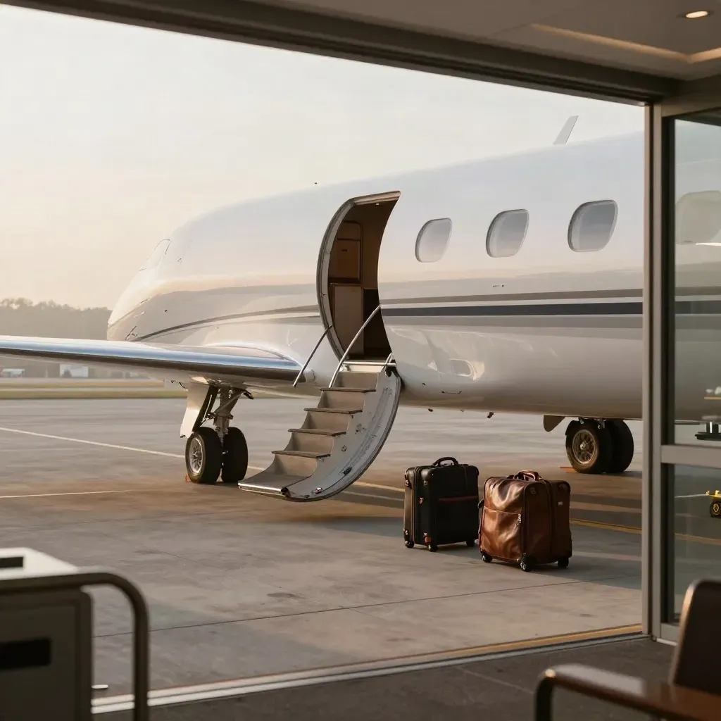 Private jet at quiet terminal with stair, saloon car, and staged baggage in morning haze.