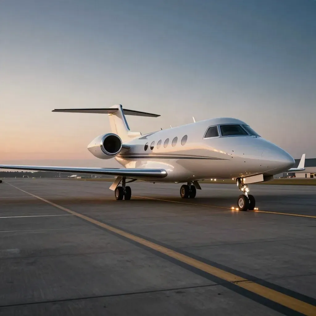 Private jet taxiing past an empty apron stand at dusk, runway lights glowing in haze.