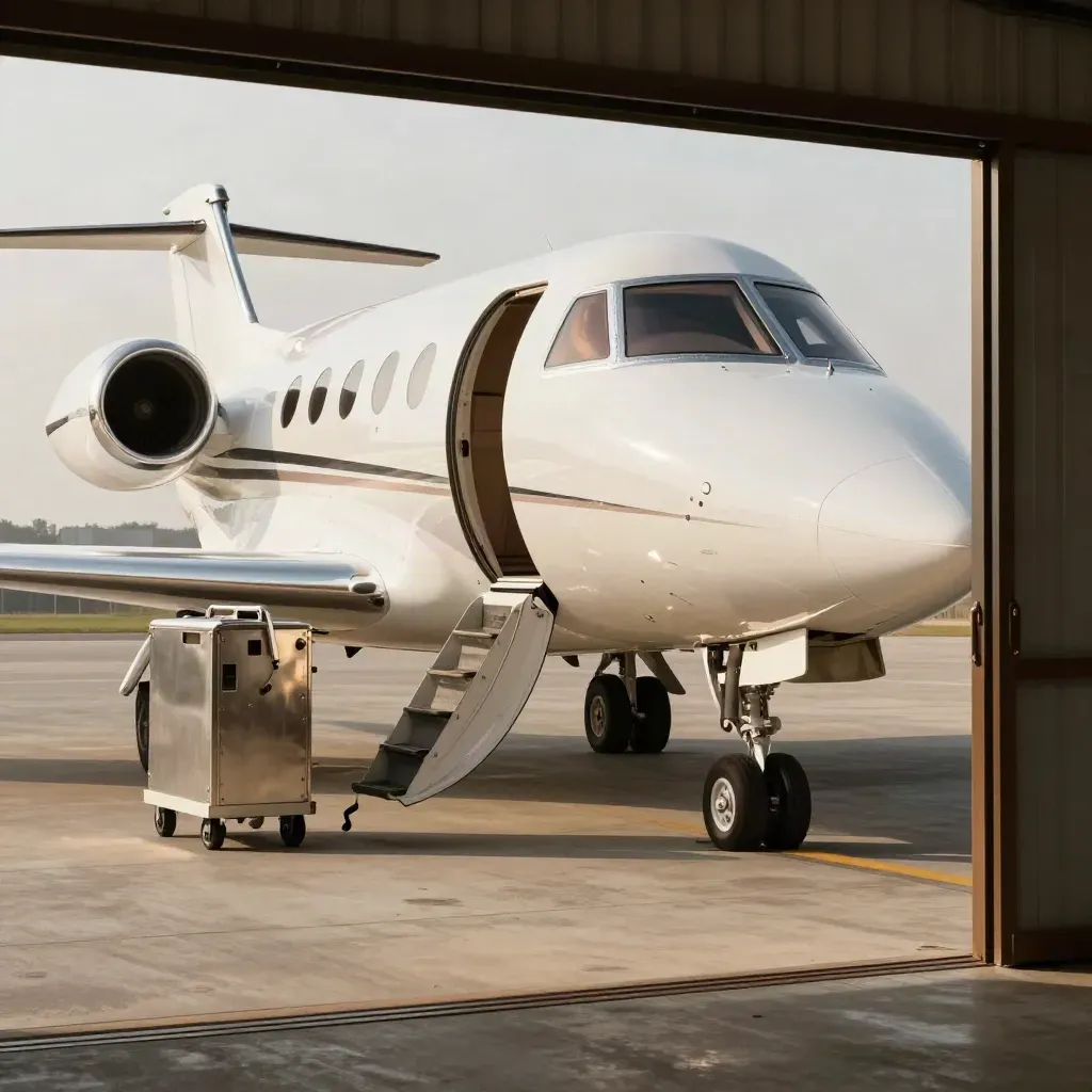 Business jet on standby at a hangar with fuel cart and stair truck, ready for ad hoc hire.