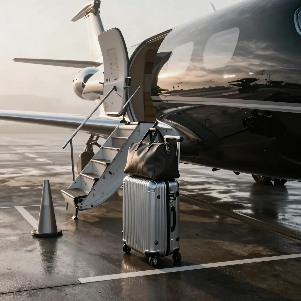 Black chauffeur car beside jet stairs and luggage trolley on wet dawn tarmac.
