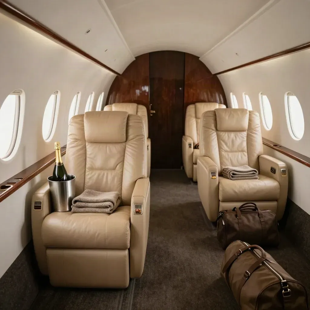 Luxury private jet cabin with paired seats, blankets, bottles, and duffels at the entry.