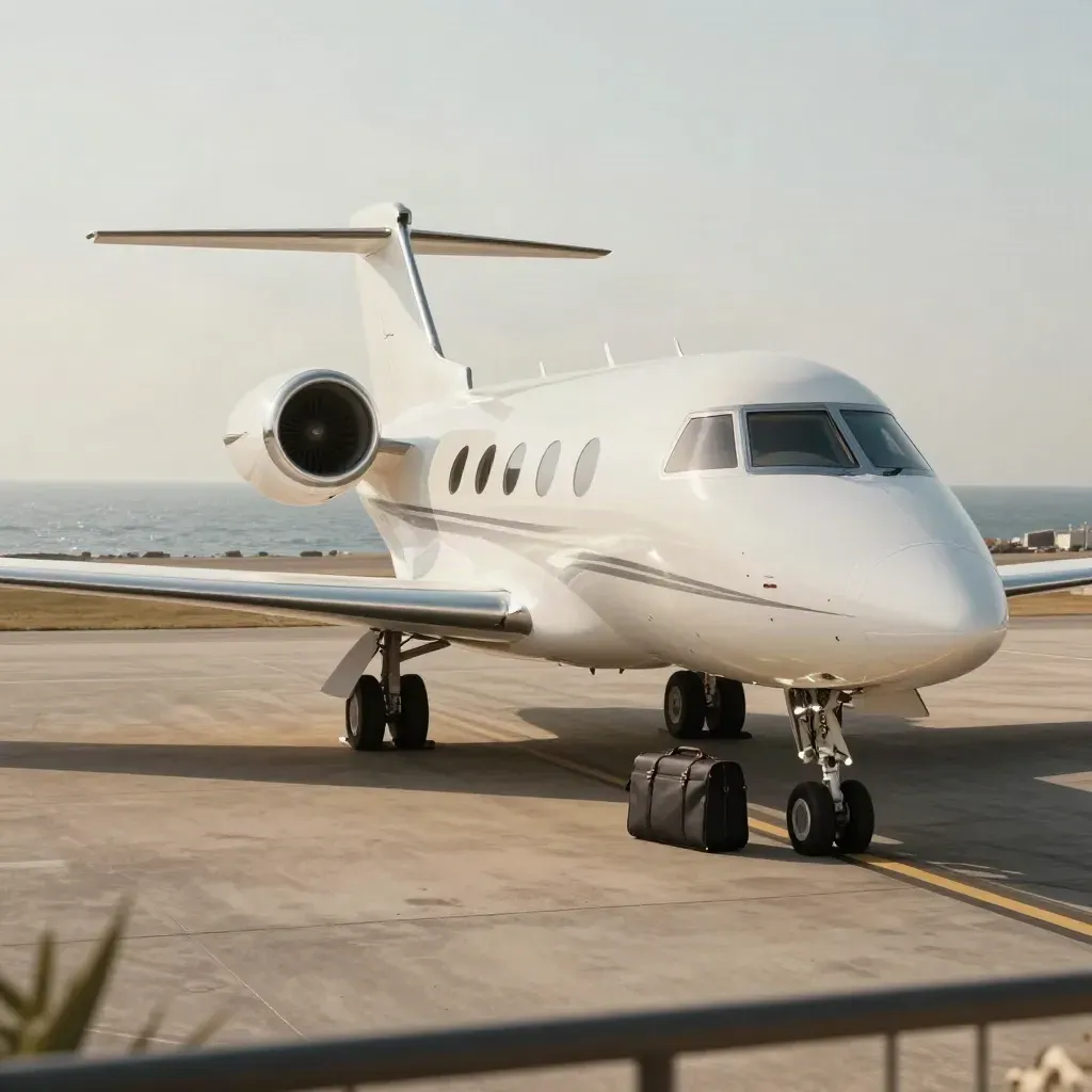 Private jet on a Mediterranean stand with one overnight case and sea haze