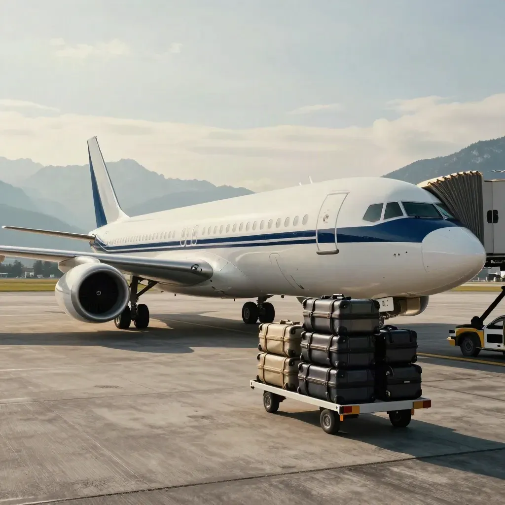 Twin-jet on an alpine apron with two service vehicles and luggage ready for the next sector.