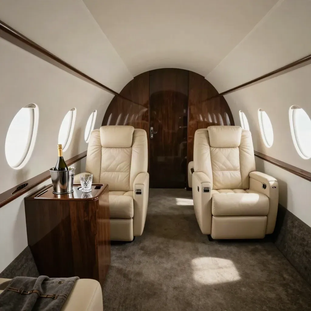 Empty VIP private jet cabin set for a Monaco group flight with bucket, blankets and plush seating.