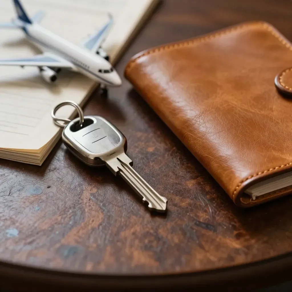 Brushed aircraft key ring, leather route portfolio clasp and miniature jet on dark oak.