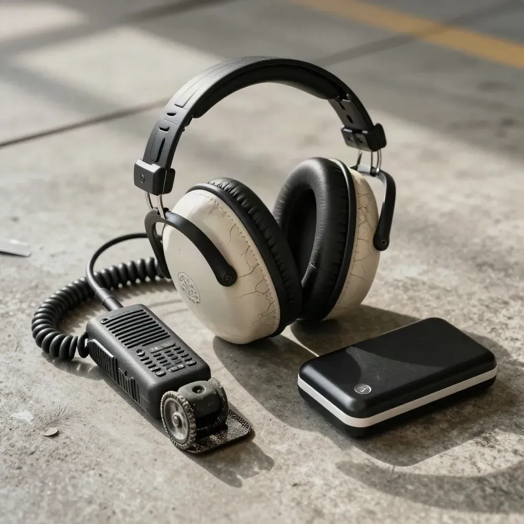 Flight headset, ramp radio, wheel chocks and dispatch timer in a dramatic hangar still life.