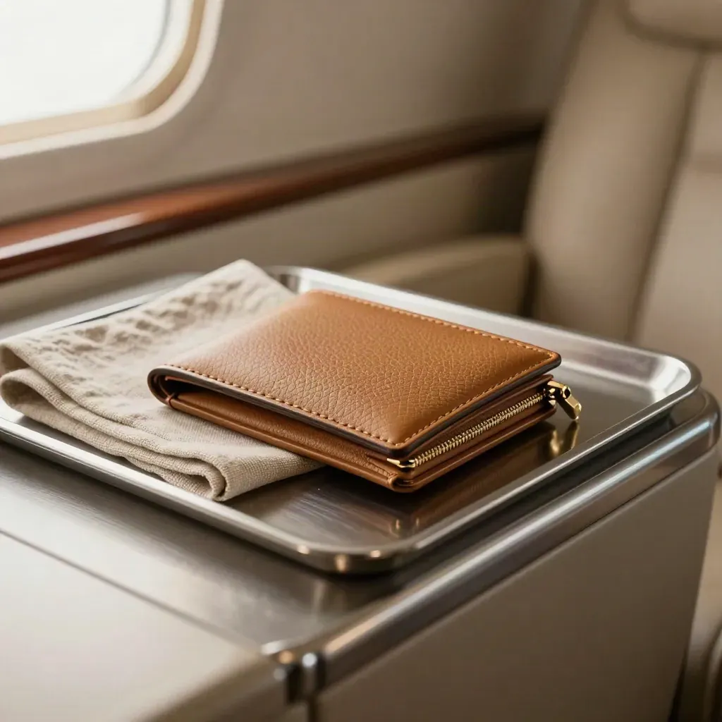 Silver tray with travel wallet, linen cloth and amenity kit in a private jet cabin