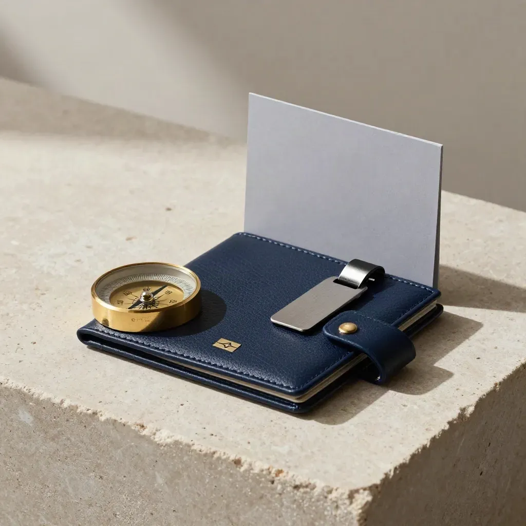 Passport wallet, brass compass, bag tag clip and aircraft token on pale limestone.