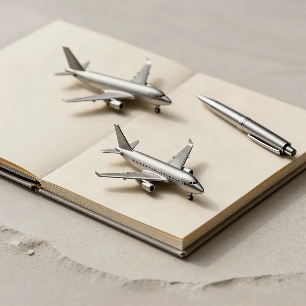 Mini aircraft silhouettes with a sealed quote folder and pen on soft plaster.