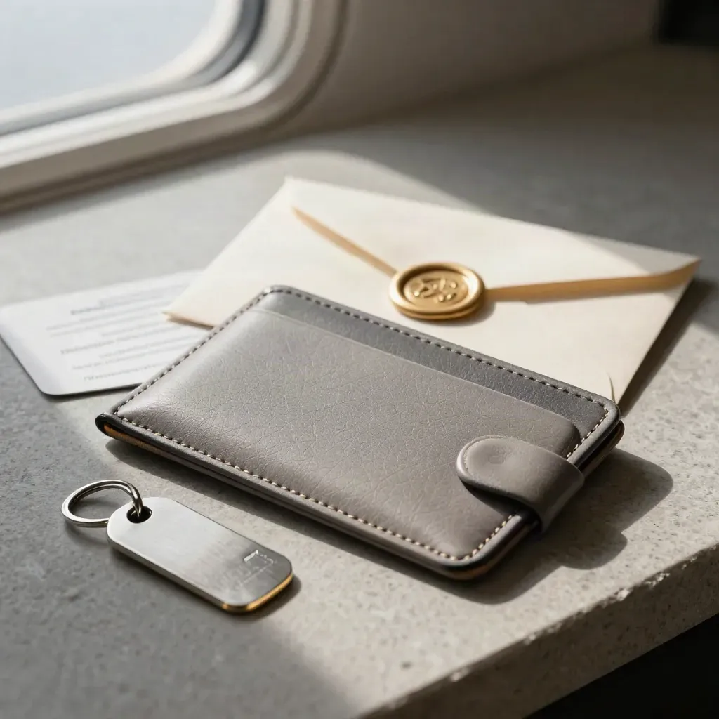 Luxury flight confirmation set on brushed stone with card sleeve, sealed envelope and key tag.