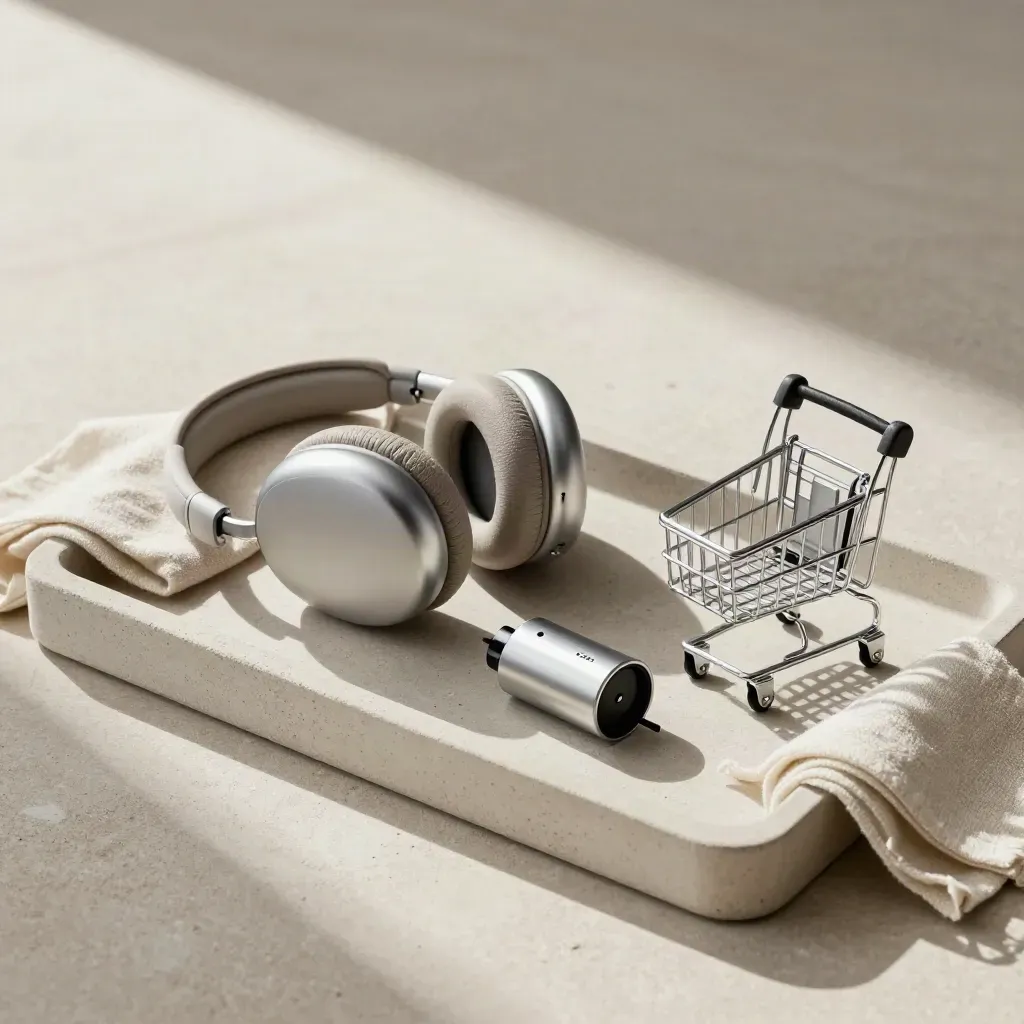 Amenity kit, headset, charger and luggage trolley on a stone service tray in soft side light.