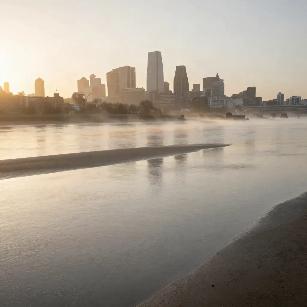 Hazy sunrise over the Thames estuary with London skyline high above calm water
