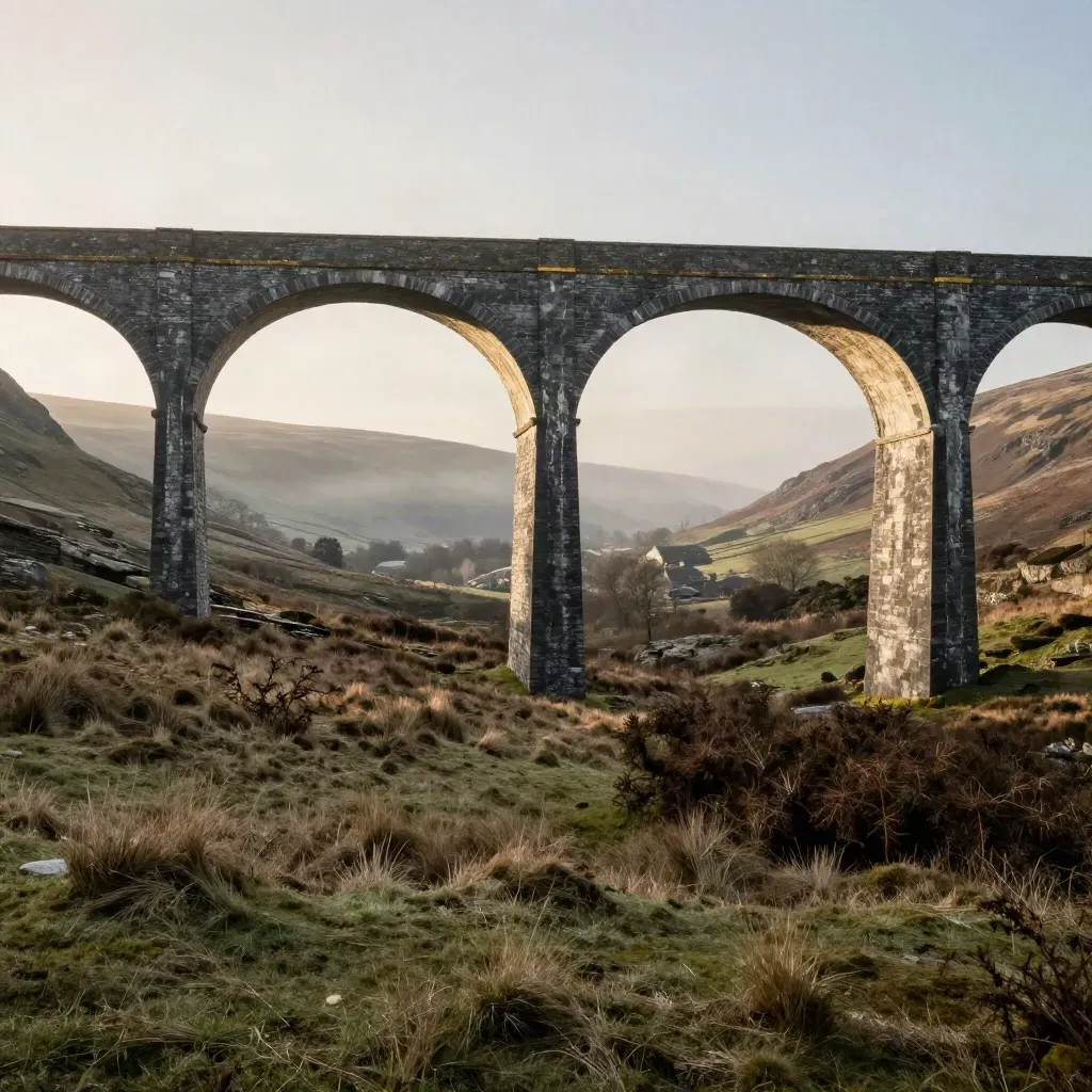 Weathered stone viaduct over a hazy Welsh valley with calm grass below.
