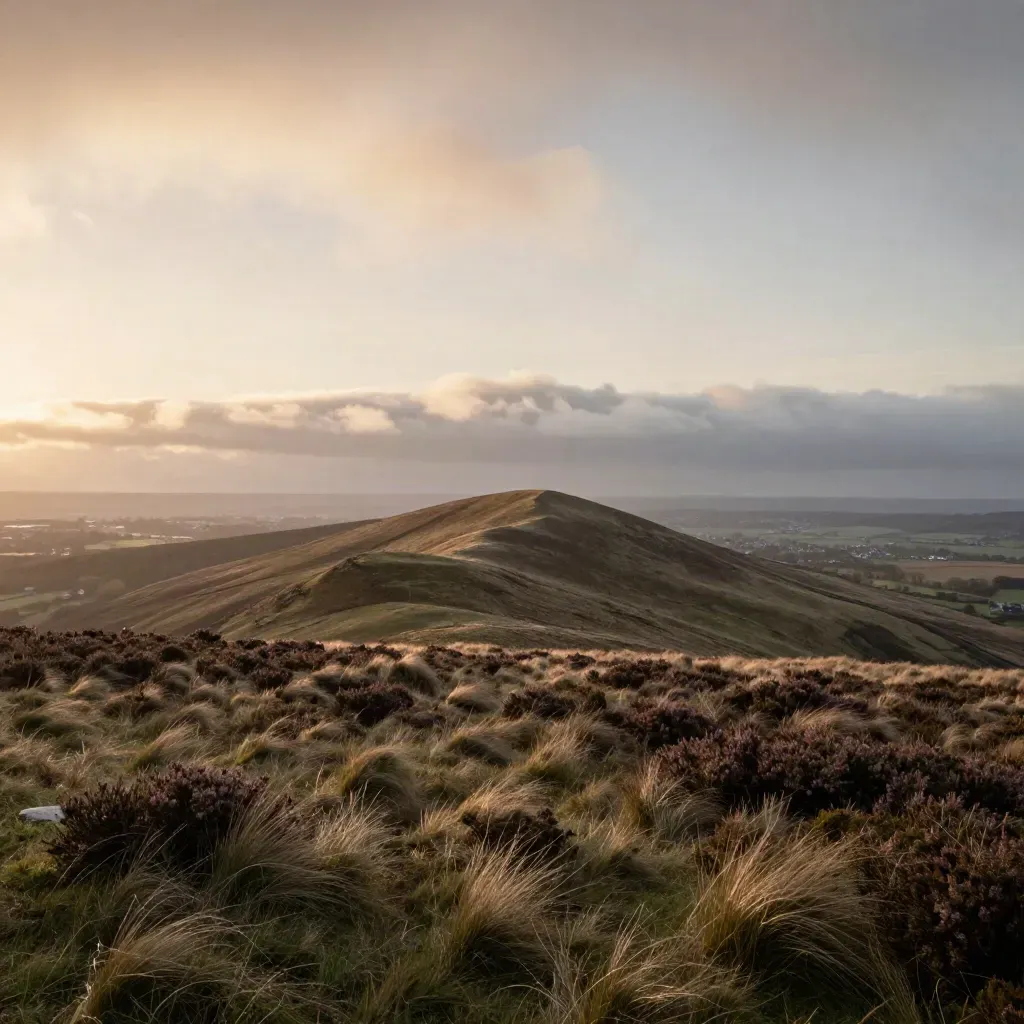 Pennine moorland ridge at dusk with low cloud, distant city edge and open misty foreground