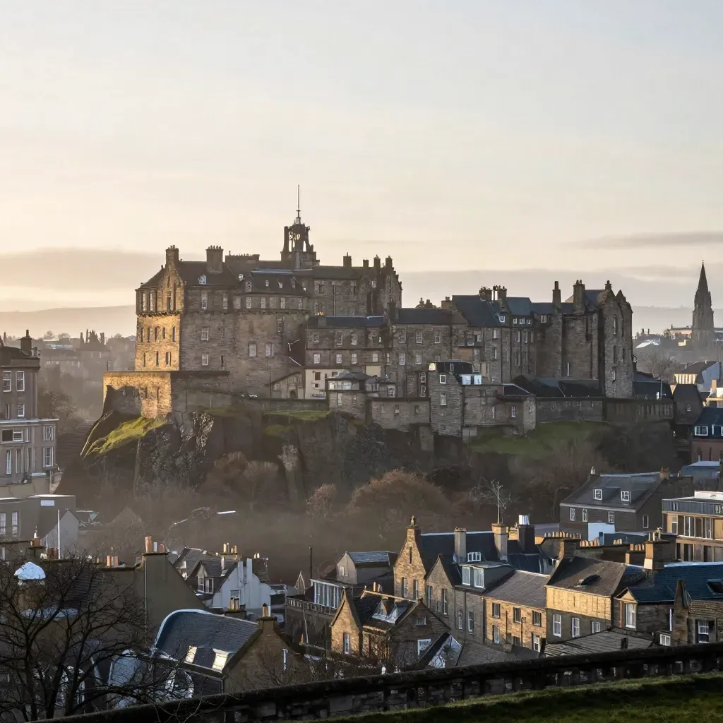 Edinburgh Castle on a misty dawn ridge above a calm stone city