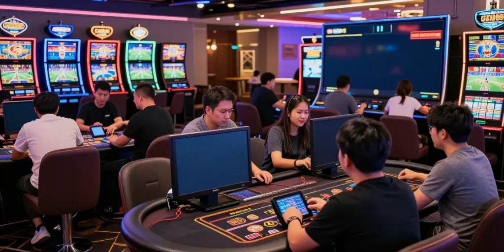 Engaging online casino experience at http://gem88-mobile.com with diverse players, vibrant slot machines, and lively atmosphere.