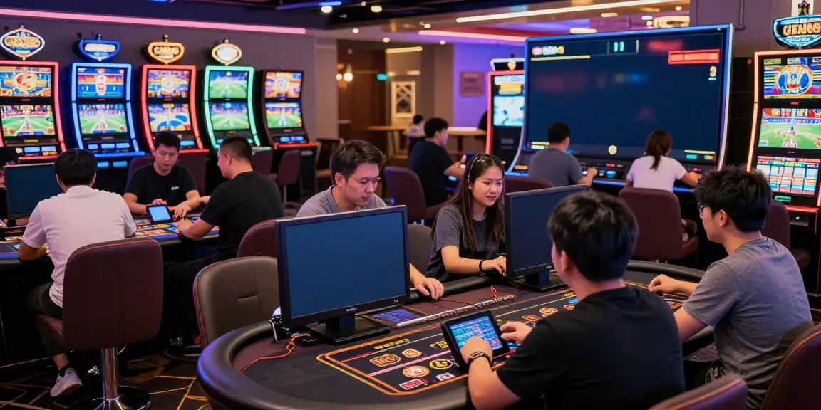 Engaging online casino experience at http://gem88-mobile.com with diverse players, vibrant slot machines, and lively atmosphere.