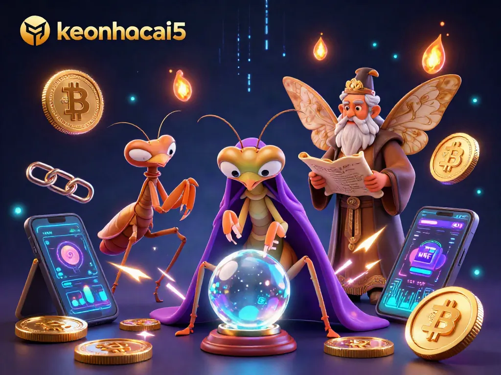 Experience thrilling entertainment with keonhacai5 as a mystical scene of fortune tellers and digital currency elements.