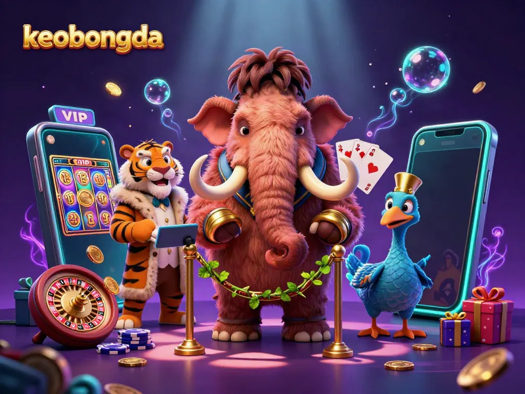 Engage with a vibrant scene featuring keobongda elements showcased by lively characters at a casino entrance.