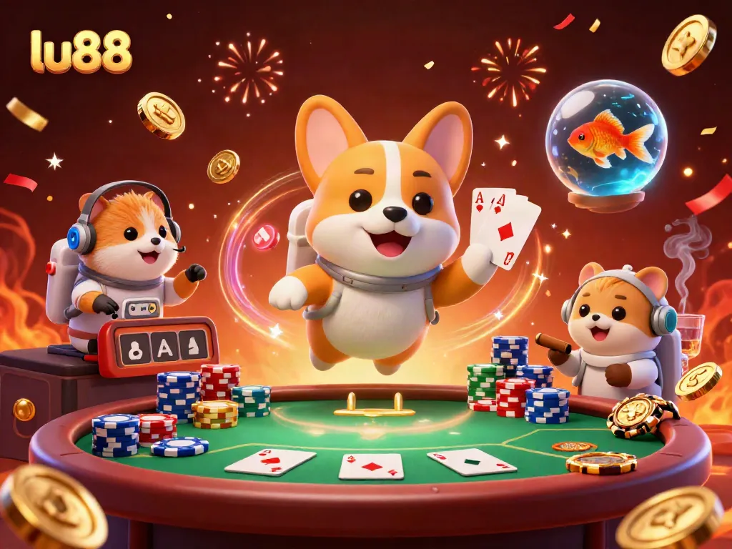 Engage with lu88 in a vibrant casino scene featuring an astronaut corgi and a hamster in space.
