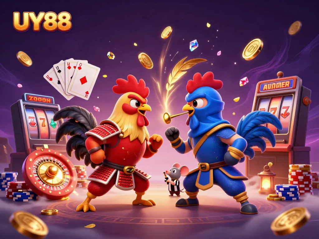 Engage with UY88's thrilling online gaming world featuring dynamic roosters and casino elements.