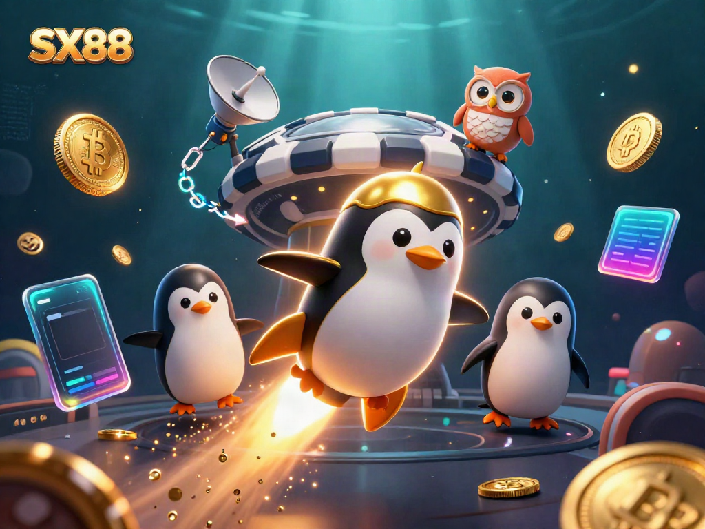 Experience thrilling chances at SX88 with animated golden penguin and casino space elements.