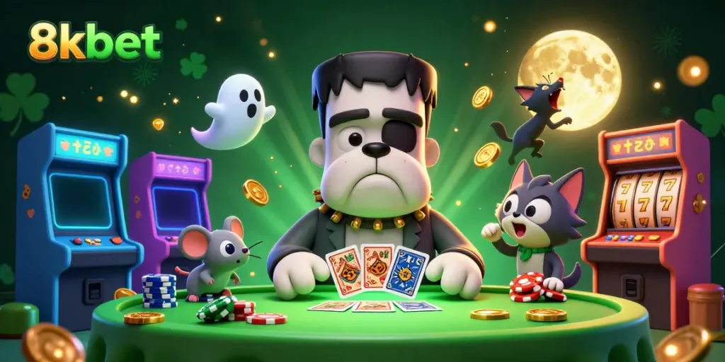 8xbet-themed 3D illustration of a Frankenstein bulldog dealing cards with casino elements and a ghost mouse.